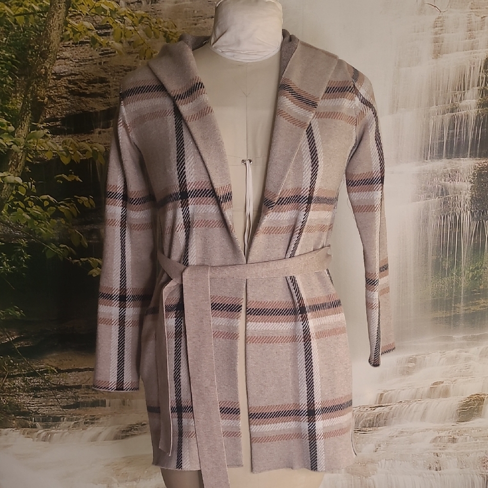 Tahari Womens Medium Fall Warm Brown Plaids Sweater Jacket Hood and Belt